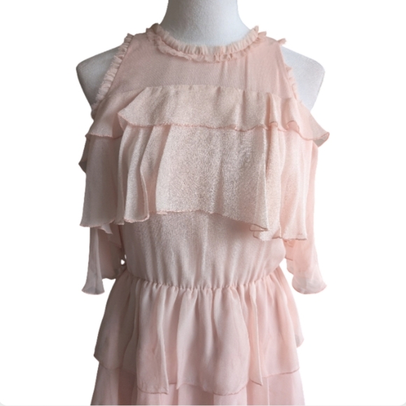 Alice + Olivia Nichola Cold Shoulder Ruffle Tiered Party Dress Blush Pink Size 8 - Picture 7 of 16
